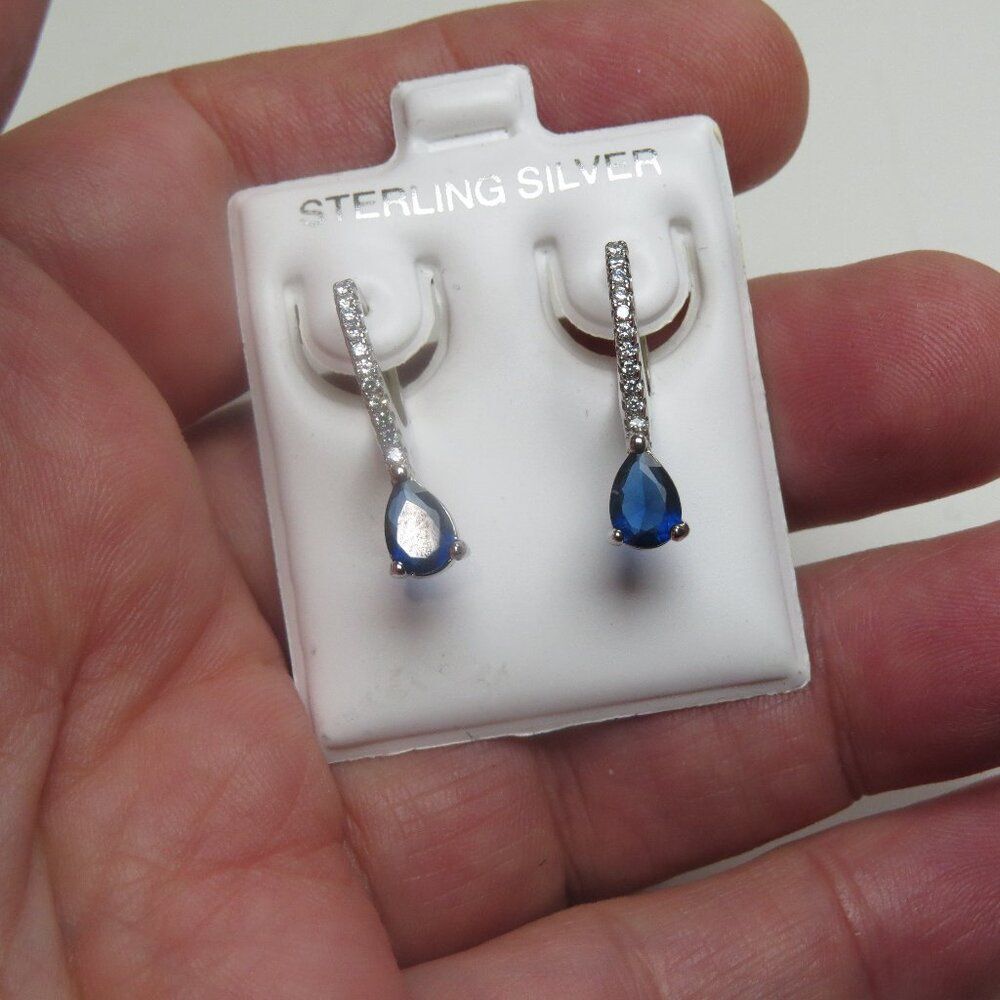 Sterling Lab Created Sapphire Earring Hand Crafted Dangling